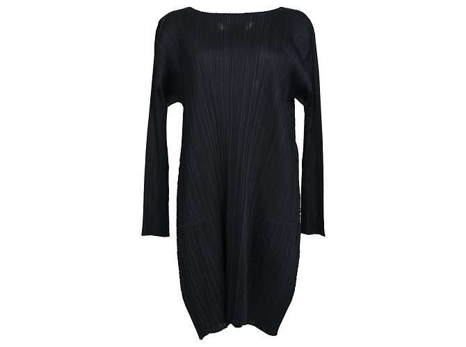Issey Miyake Pleats Please Midi Kleid aus schwarzem Polyester