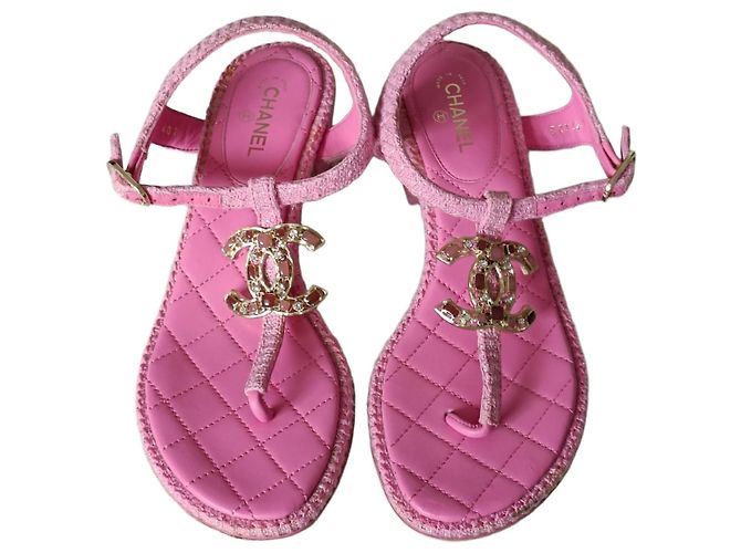 Chanel Pink Tweed Leder CC Perlenabsatzsandalen EU36.5