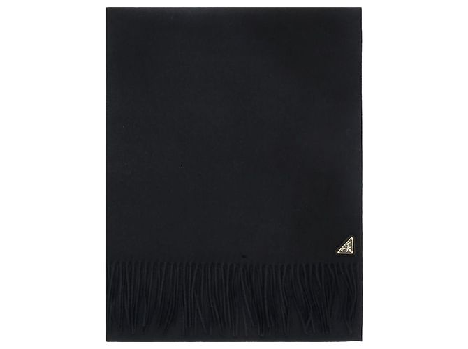 Prada Sciarpa in seta e cashmere con logo e frange Nero 