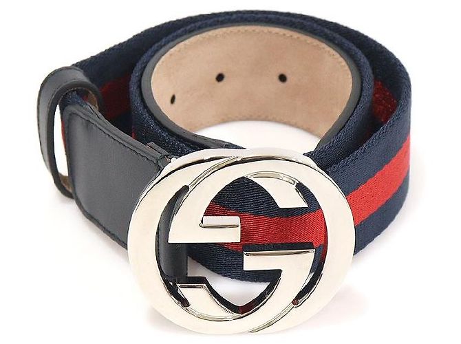 Gucci Navy Leather WEB Interlocking Buckle Women's Belt Blue