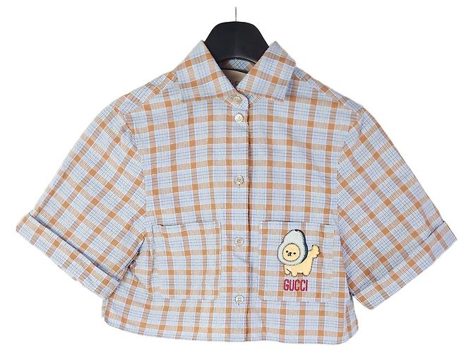 Gucci Camicia in cotone a quadri con patch animale Multicolore