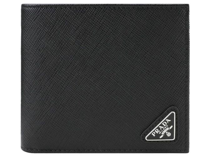 Prada Carteira masculina preta com logo triangular Saffiano QHH Preto