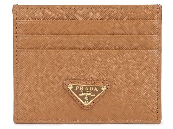 Prada Tarjetero de cuero Saffiano con logo en triángulo Castaño