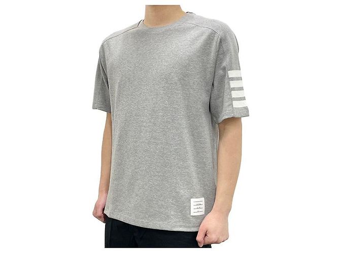 Thom Browne Kurzarm-T-Shirt mit seitlichem Schlitz Hellgrau Braun