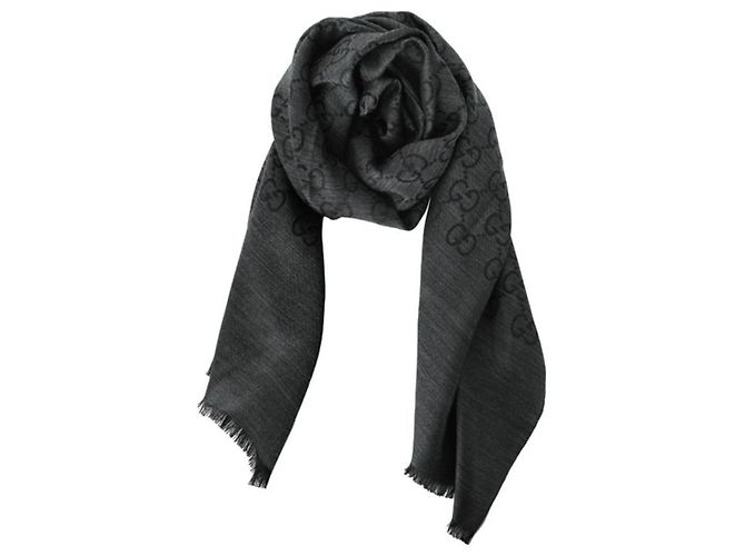 Gucci Sciarpa bicolore in lana e seta jacquard GG carbone Marrone