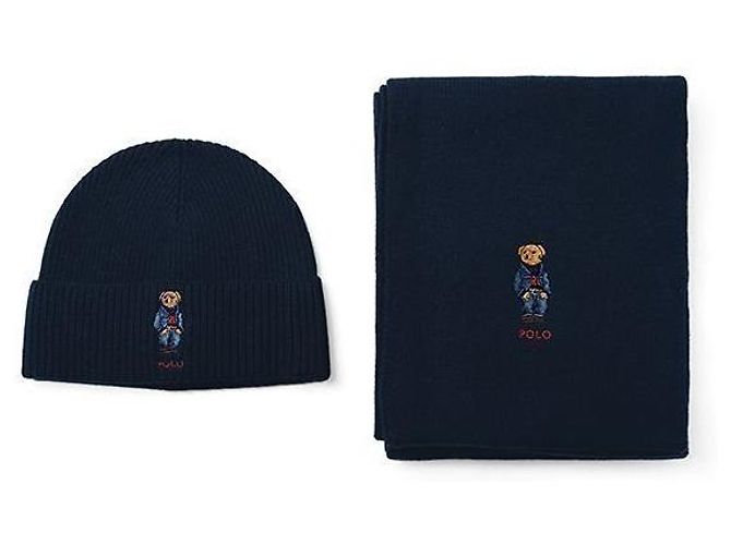 Ralph Lauren Conjunto de cachecol e gorro de lã Polo Bear Preto