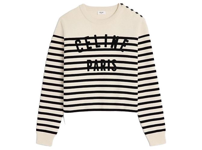 Céline Suéter Marinière de Algodão com Gola Redonda Off White Preto Branco