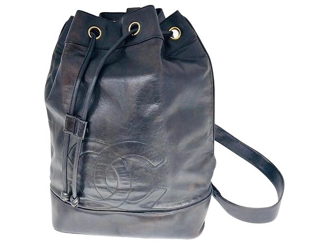 Chanel Vintage CC Bucket Drawstring One Shoulder Backpack Sling Bag Black