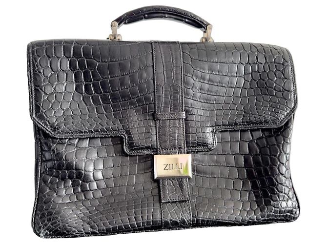 Maleta Zilli em couro de crocodilo preto