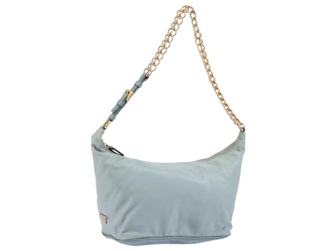 PRADA Sac à épaule en chaîne Nylon Bleu Clair Or Auth LNZ688V Doré