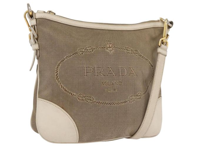 Bolso de Hombro PRADA de Lona Cuero Beige Oro Auth 174479 Dorado