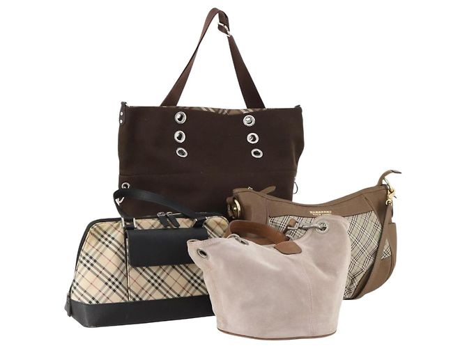 Borsa Burberry Nova Check Blue Label in tela e suede 4 pezzi marrone beige Auth fm5239