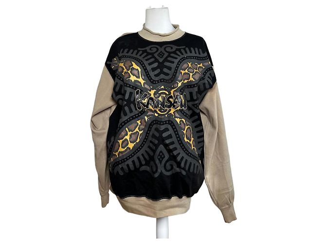 Autre Marque Pull ras du cou vintage Kansai Yamamoto beige noir abstrait M