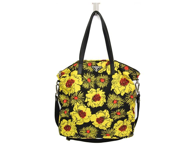 Borsa a spalla e tote Prada TESSUTO con stampa floreale Nero Giallo
