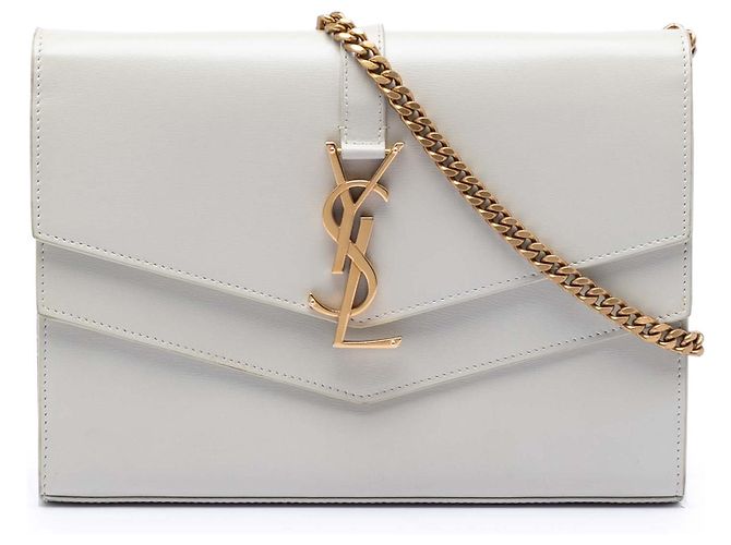 Saint Laurent White Leather Monogram Sulpice Chain Wallet