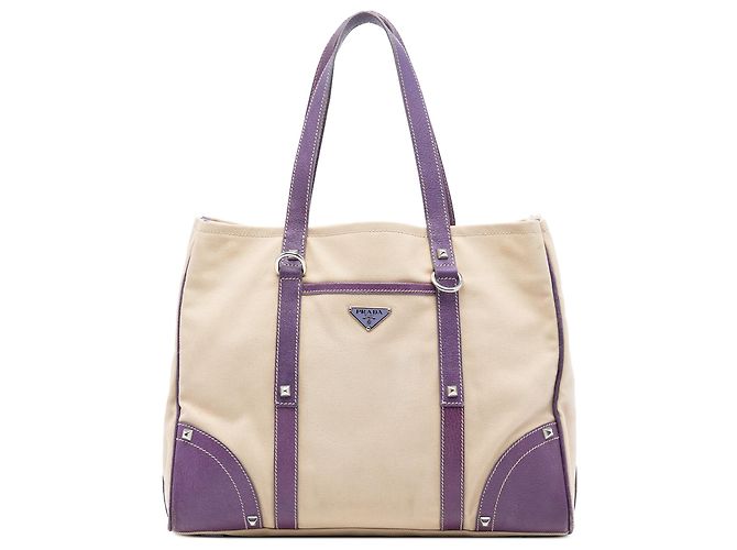 Bolsa tote de lona com bolso frontal em couro marrom com studs Prada Bege