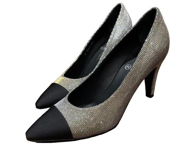Chanel Glitter Cap Toe Heels Black Silver hardware