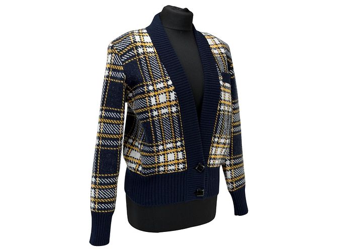 Saint Laurent Cardigan aus Wolle mit Karomuster marineblau