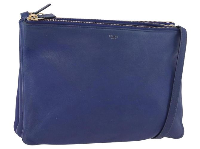 Céline Borsa a Spalla CELINE Trio in Pelle Blu Oro Auth ARZ364 D'oro