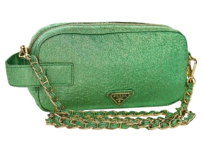 Bolsa de Ombro com Corrente Prada em Lona Verde Dourada Auth LNZ744V Dourado