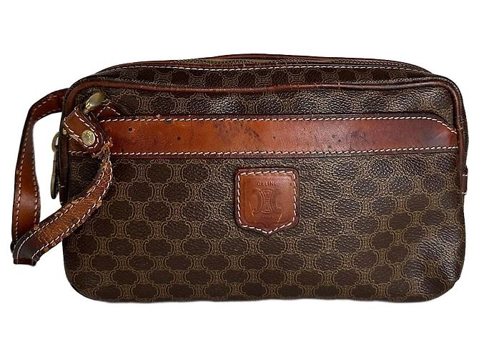 Céline Vintage Celine Paris Triomphe Monogramm Leder Clutch Braun