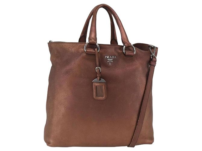 Borsa a mano in pelle PRADA 2 in 1 bronzo argento autentica bs33982
