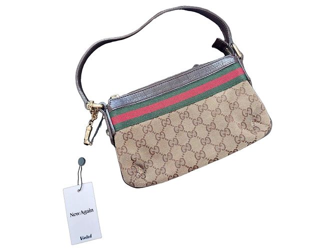 Gucci Monogram Beige Canvas Handtasche Braun Rot Grün