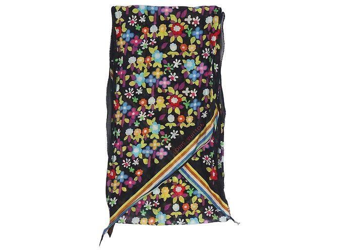 Louis Vuitton Cachecol de seda preta com flores Preto