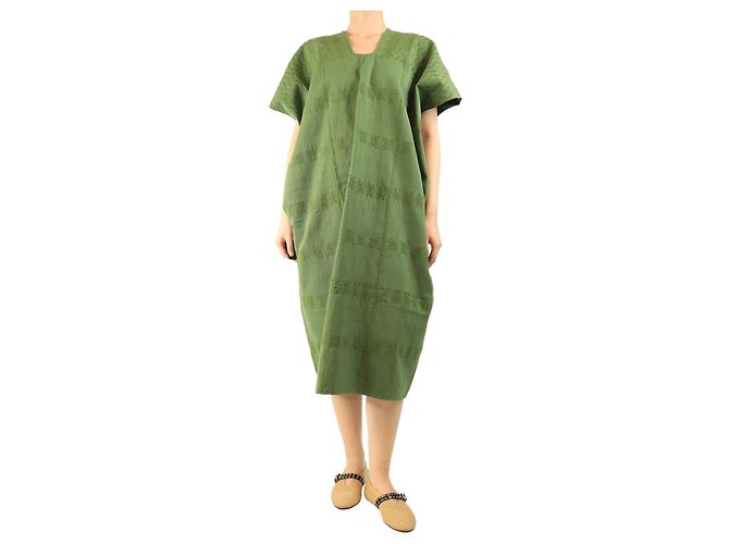 Autre Marque Grüner bestickter Kaftan mit Gürtel - One size