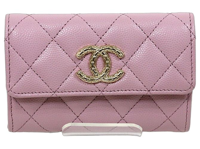 Tarjetero de piel de ternera granulada rosa Chanel