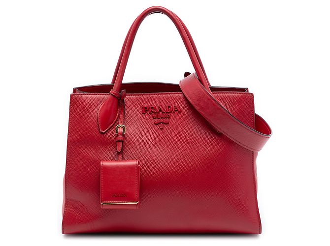 Prada Red Medium Saffiano Cuir Monochrome Top Handle Tote