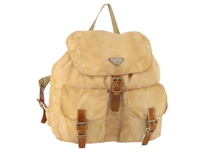 PRADA Backpack Nylon Beige Silver Auth gh1768 Silvery