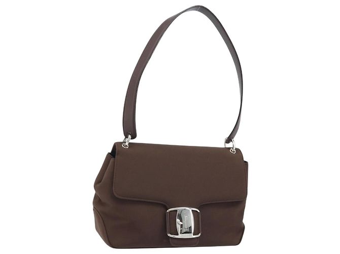 Borsa a Spalla Vala in Nylon Marrone e Argento di Salvatore Ferragamo Auth gh1918