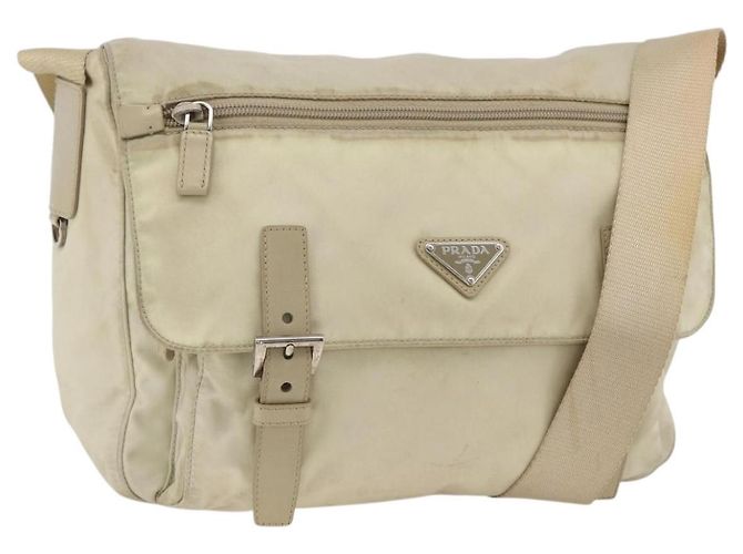 PRADA Schultertasche Nylon Beige Silber Authentisch AMZ363