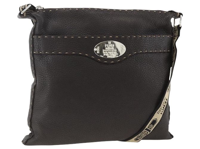 FENDI Shoulder Bag Leather Brown Silver Auth ka3356A