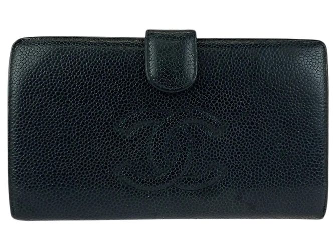 Chanel Vintage Coco Mark Clasp Black Leather Long Wallet
