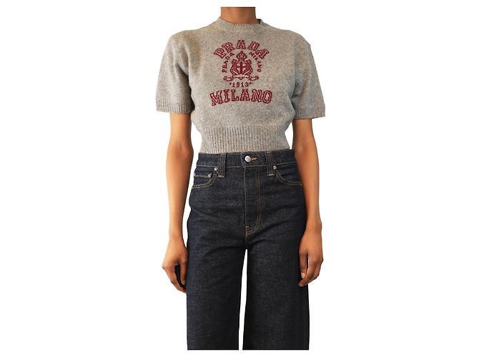 Jacquard Prada Grauer kurzärmeliger Pullover - Größe UK 8