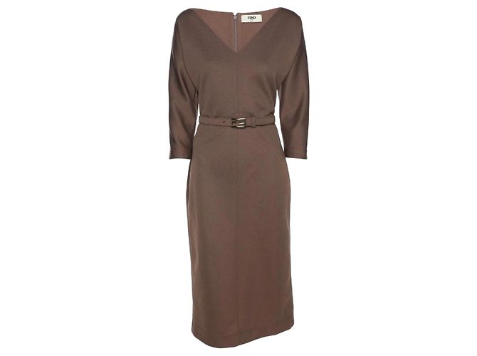 Vestido de jersey marrom Fendi com cinto de fivela FF