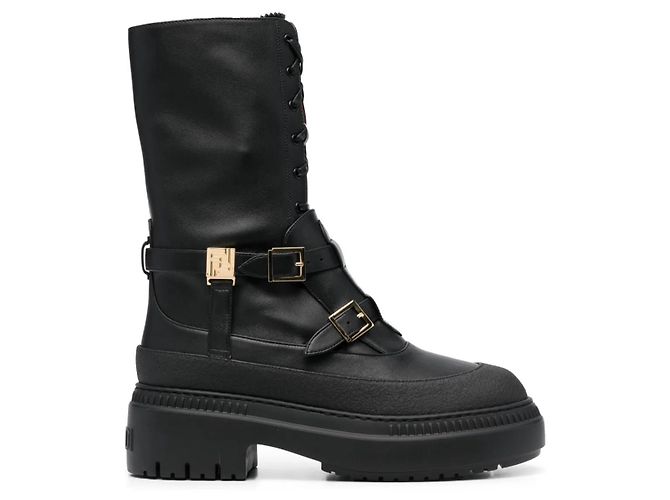 Botas de combate de cuero negro con hebilla Fendi
