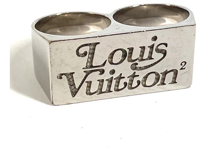 Louis Vuitton Silver Bague Double Squared LV Strass Accessory Ring Silvery