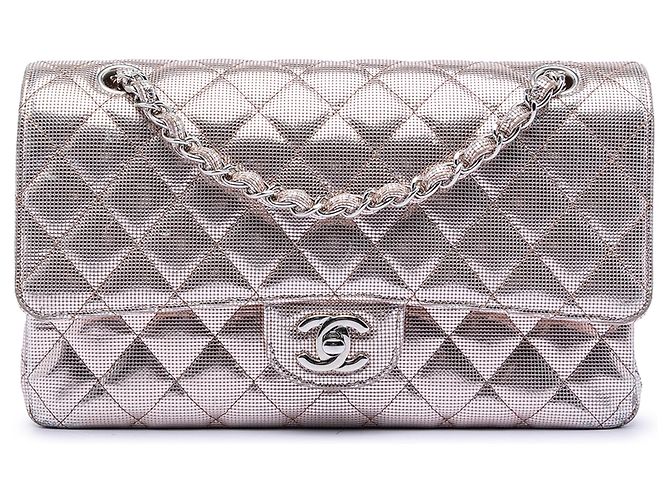 Chanel Rosa Médio Clássico Couro de Bezerro Efeito Pixel Dupla Aba