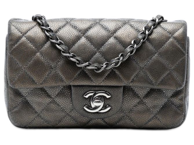 Chanel Gray Mini Rectangular Classic Metallic Caviar Single Flap Brown Dark grey