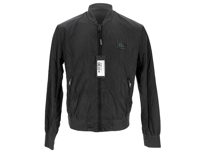 Dolce & Gabbana Logo-Patched Zip-Up Bomber Jacket in Black Polyamide