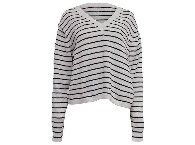 Gestreifter V-Ausschnitt-Pullover von Theory aus weißer Baumwolle