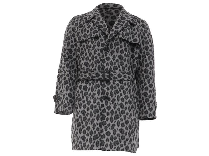 Saint Laurent Leopard-Print Belted Coat in Grey Wool