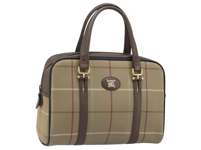 Bolsa de mão em lona Nova Check da Burberrys marrom e dourada Auth gh2024 Dourado