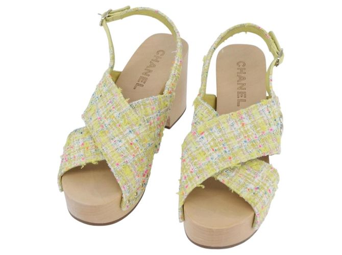 CHANEL COCO Mark Sandalen Tweed Gelb CC Auth AMZ178M