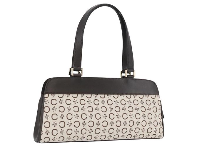 Céline Bolso de mano de lona Macadam C de CELINE blanco y dorado Auth ep13890A