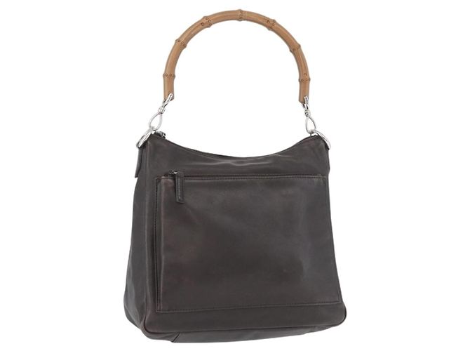 Bamboo Bolsa de mão em couro marrom com bambu GUCCI Prata Auth SW2156