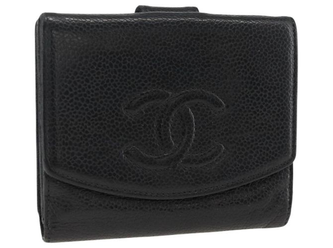 Portefeuille Bifold CHANEL en Cuir Caviar Noir Or CC Auth bs34185 Doré